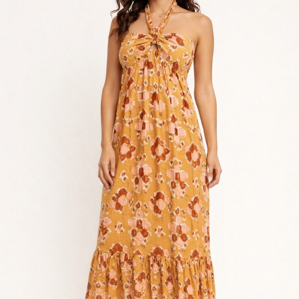 aerie Strapless Floral Maxi Dress in Mustard and Blush